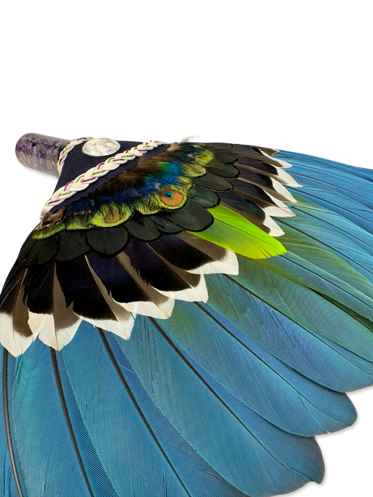 Macaw Smudge Fan with Charoite Jade Stone Handle