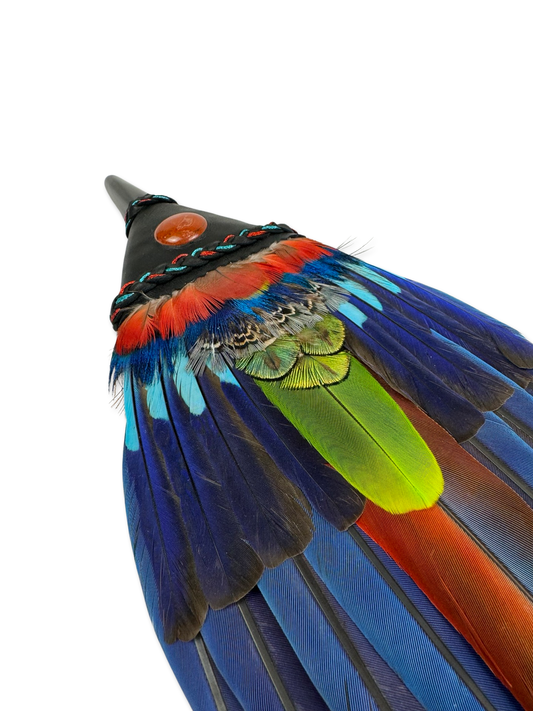 Macaw & Blue Indian Roller Smudge Fan with Black Obsidian Handle