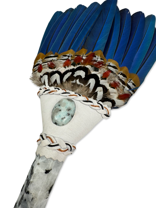 Macaw & Pheasant Smudge Fan with Rainbow Moon Stone Handle