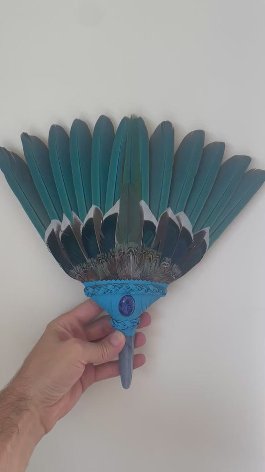 Macaw Smudge Fan with Blue Aventurine Stone Handle