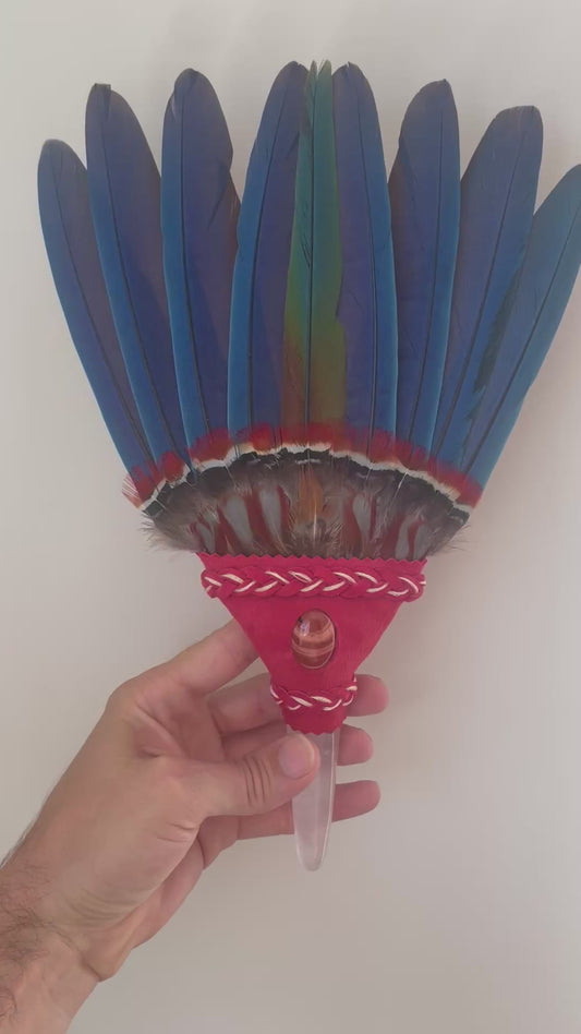 Macaw Smudge Fan with Stone Handle