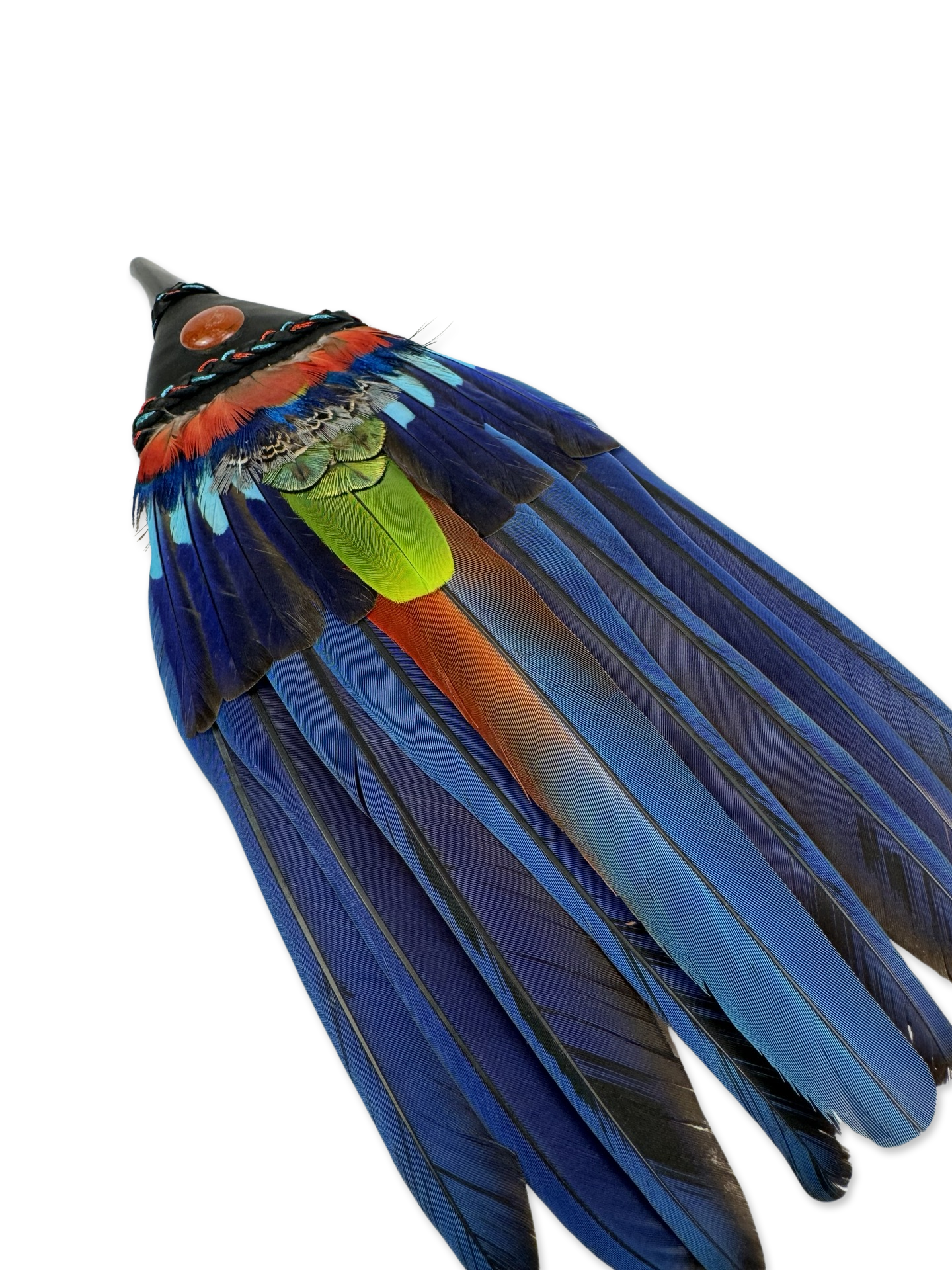 Macaw & Blue Indian Roller Smudge Fan with Black Obsidian Handle