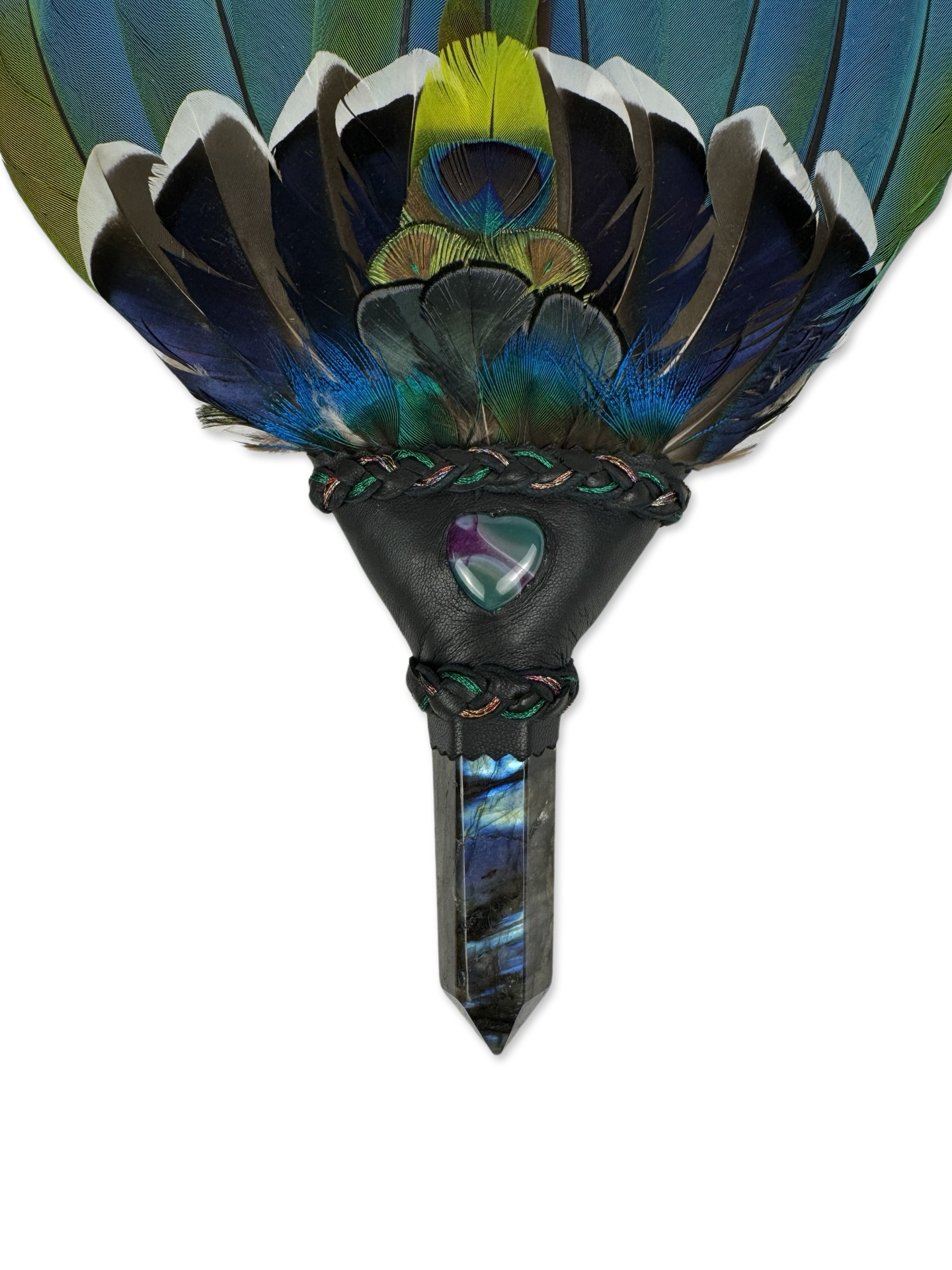 Macaw Smudge Fan with Labradorite Stone Handle