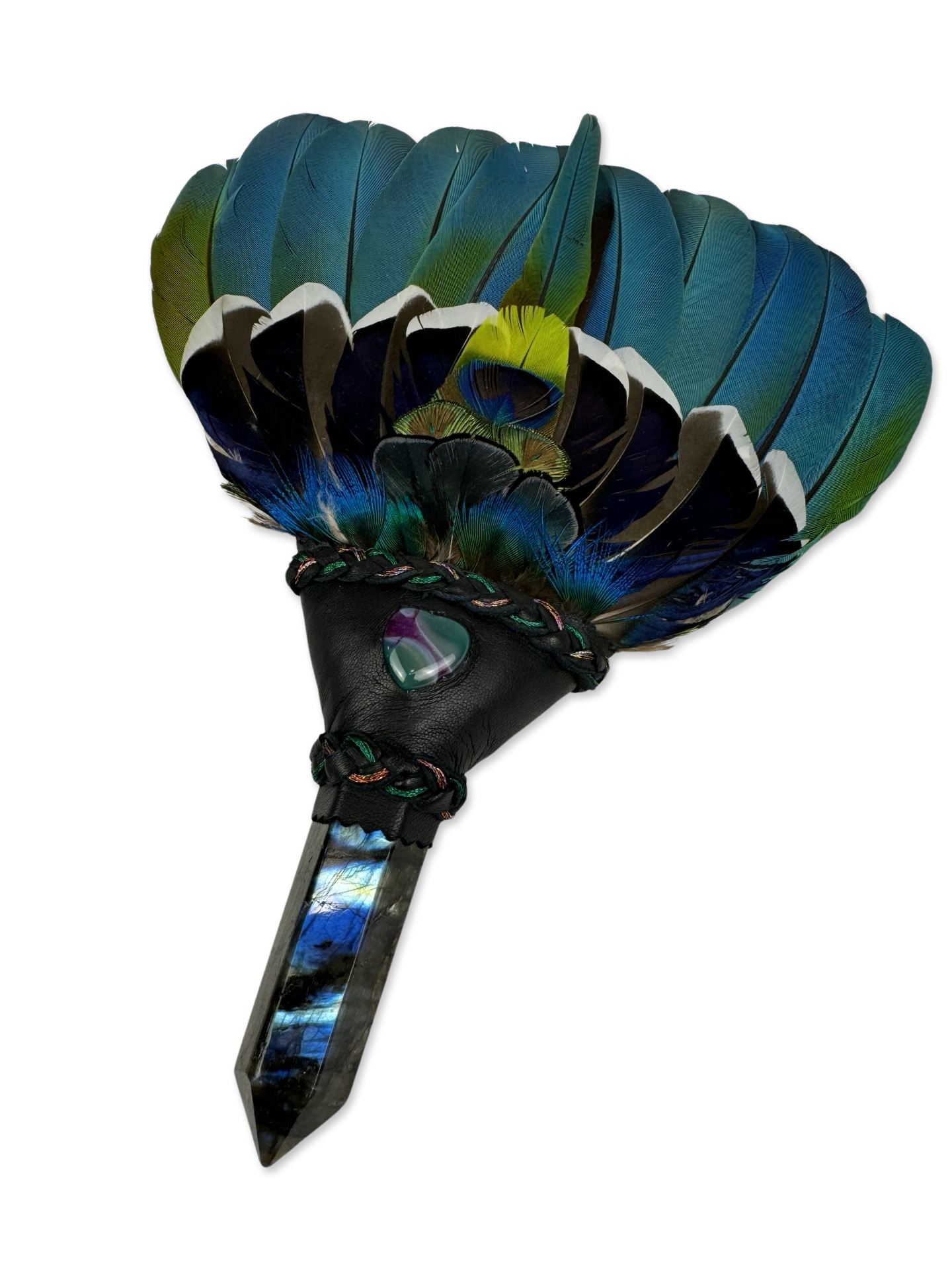 Macaw Smudge Fan with Labradorite Stone Handle