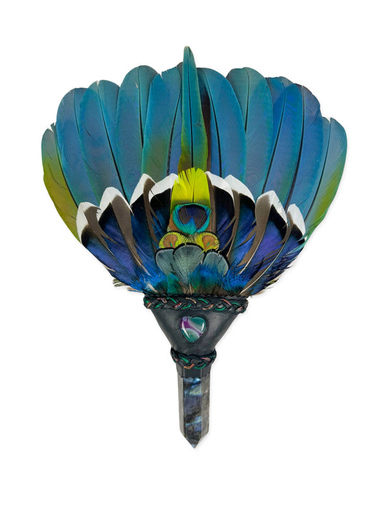 Macaw Smudge Fan with Labradorite Stone Handle