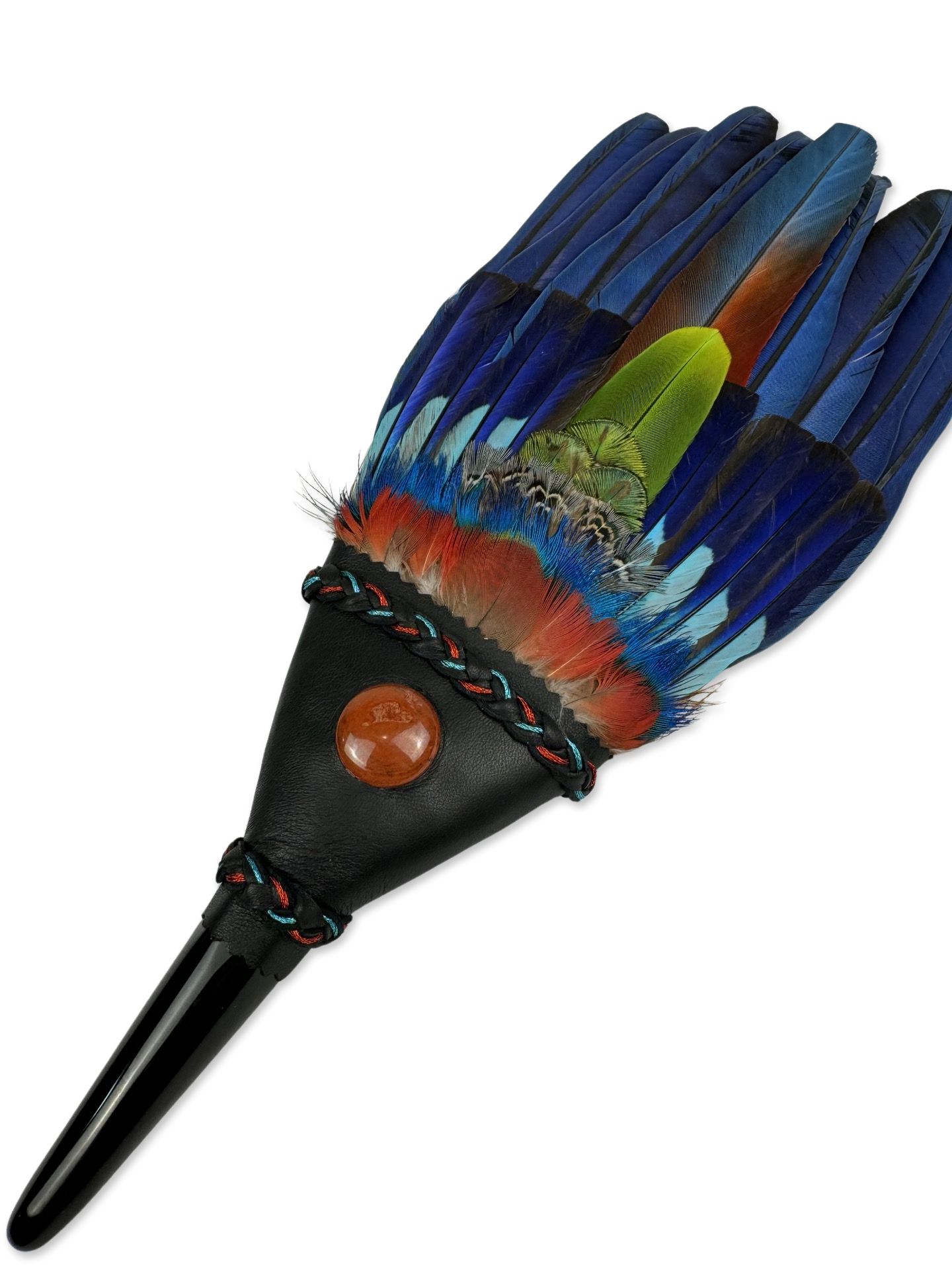Macaw & Blue Indian Roller Smudge Fan with Black Obsidian Handle