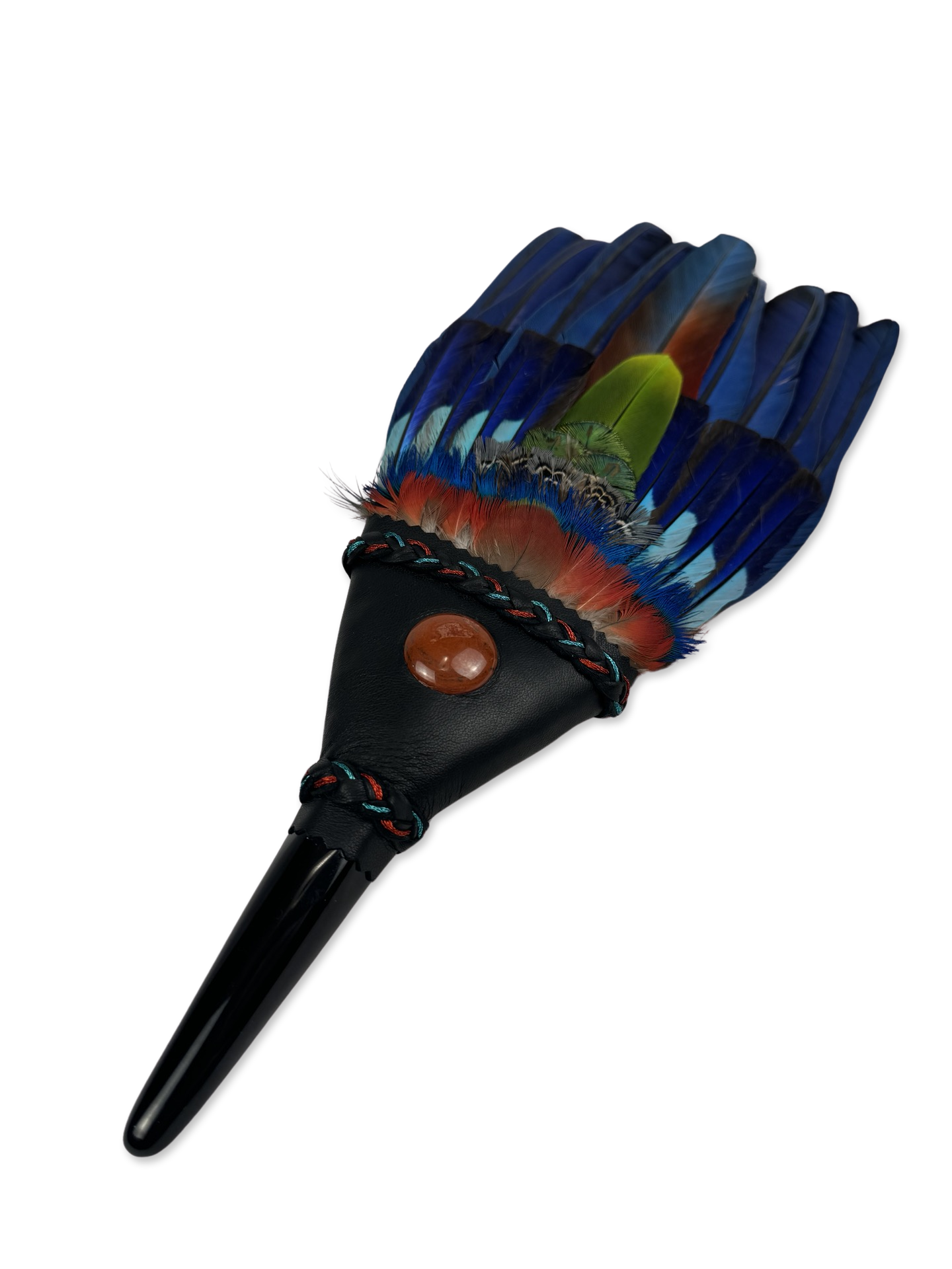 Macaw & Blue Indian Roller Smudge Fan with Black Obsidian Handle