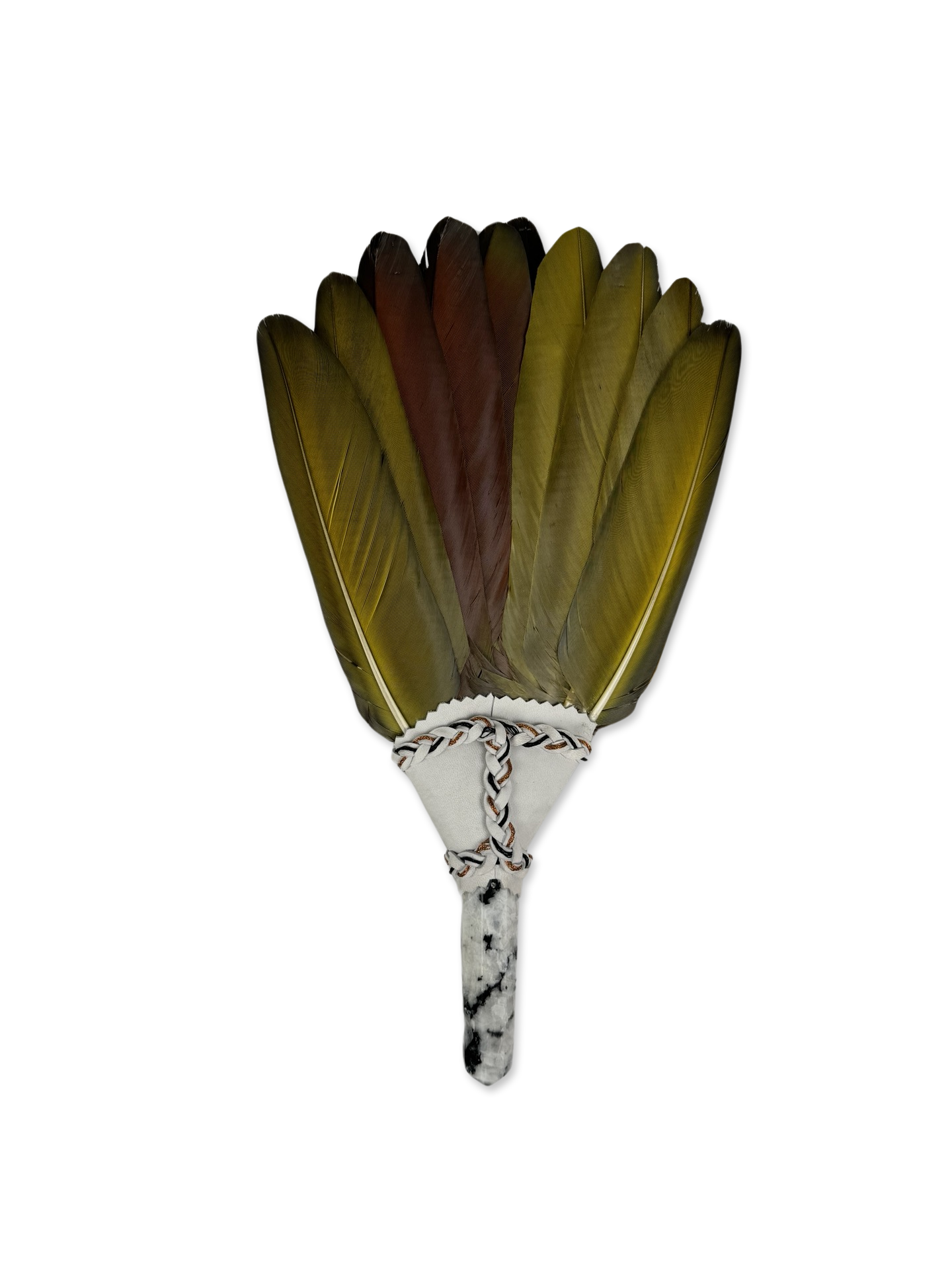 Macaw & Pheasant Smudge Fan with Rainbow Moon Stone Handle