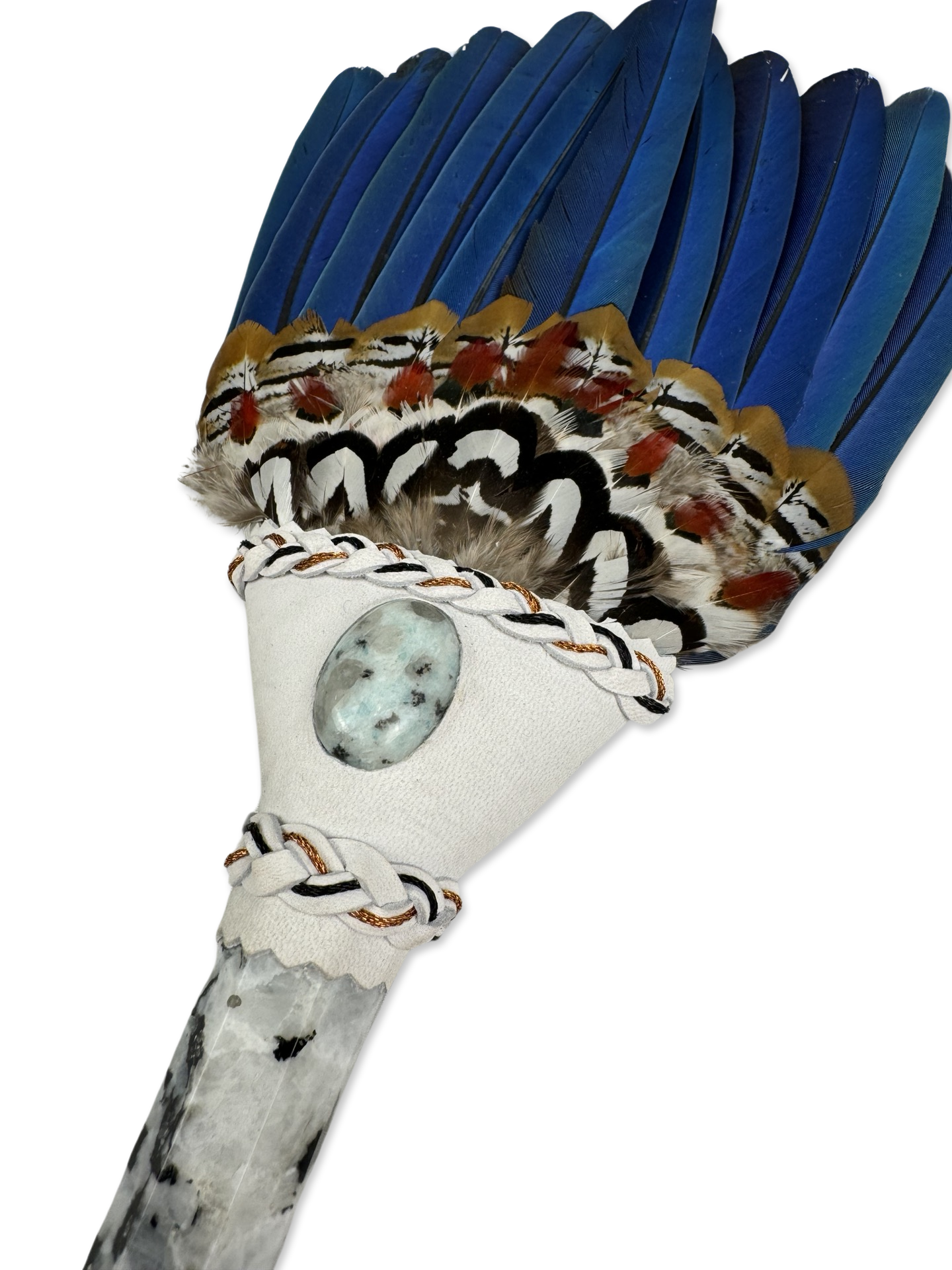 Macaw & Pheasant Smudge Fan with Rainbow Moon Stone Handle