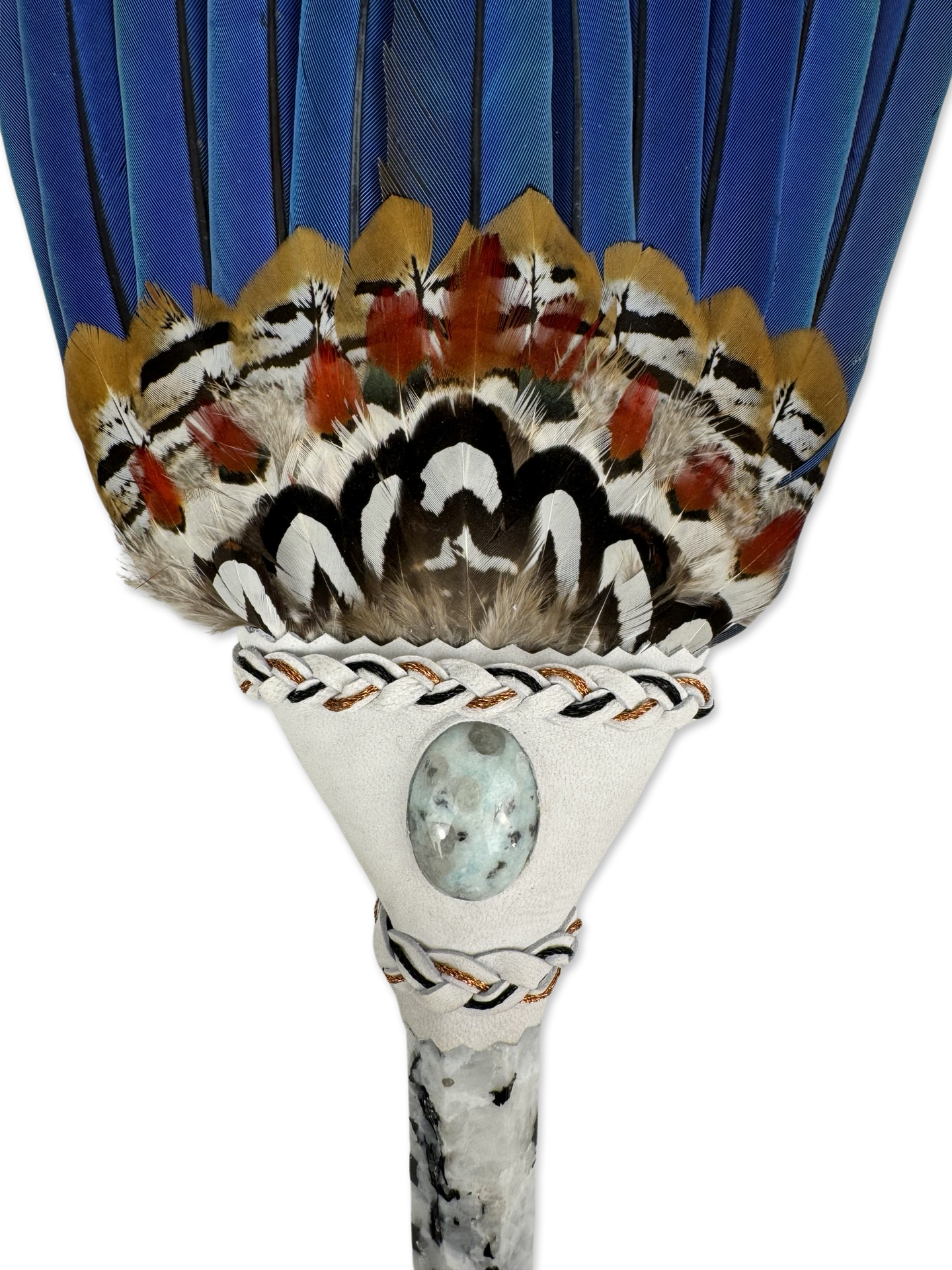 Macaw & Pheasant Smudge Fan with Rainbow Moon Stone Handle – Anahuac Arts