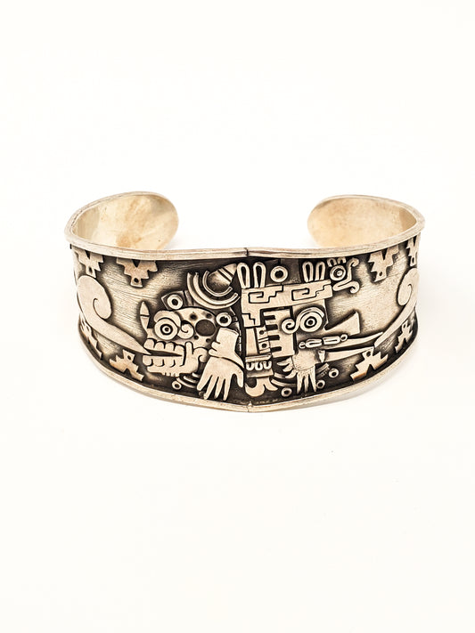 Miquiztli & Quetzalcoatl Duality Silver Cuff Bracelet