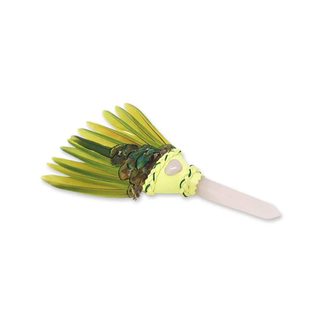 Parakeet & Peacock Smudge Fan with Quartz Handle